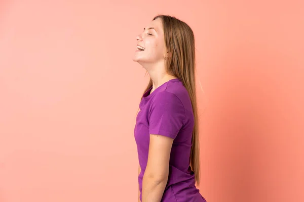 Teenager Ukrainian Girl Isolated Pink Background Laughing Lateral Position — Stockfoto