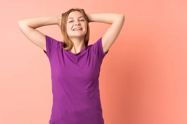 Teenager Ukrainian Girl Isolated Pink Background Laughing — Stock Photo, Image