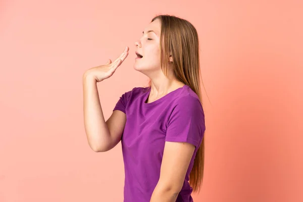 Teenager Ukrainian Girl Isolated Pink Background Yawning Covering Wide Open — Foto Stock