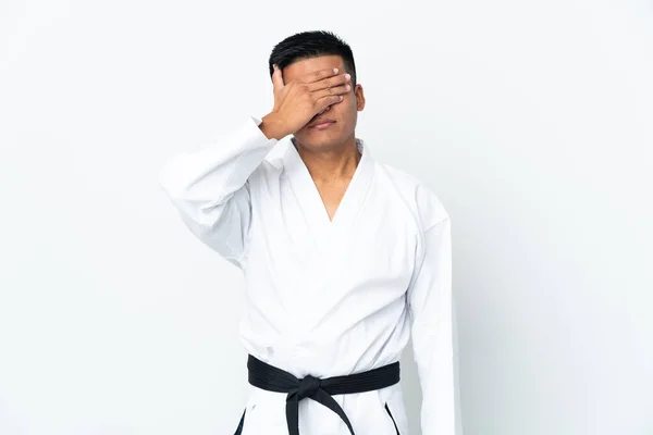 Young Ecuadorian Man Doing Karate Isolated White Background Covering Eyes — 图库照片