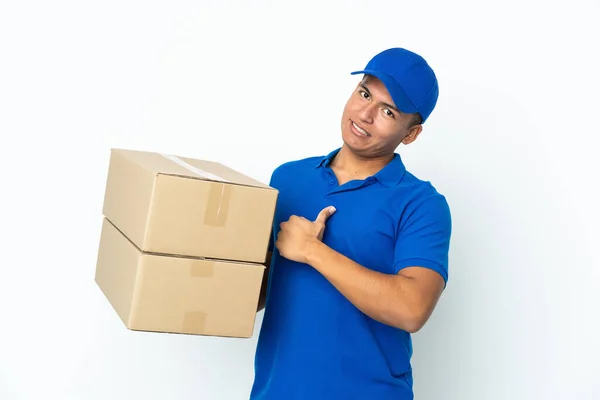 Delivery Ecuadorian Man Isolated White Background Proud Self Satisfied — Stock Photo, Image