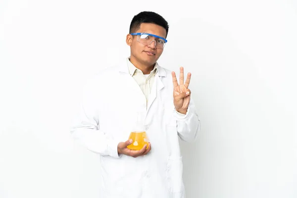 Young Ecuadorian Scientific Man Happy Counting Three Fingers — стокове фото