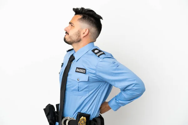 Polícia Caucasiano Homem Isolado Fundo Branco Sofrendo Dor Nas Costas — Fotografia de Stock