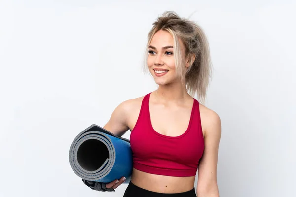 Teenager Girl Holding Waffles Isolated Blue Background Mat Smiling — Stockfoto