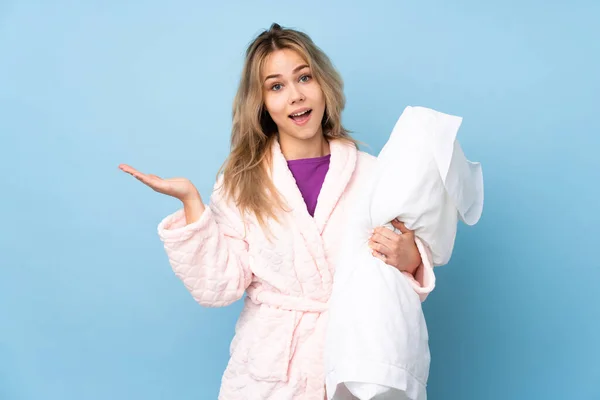 Teenager Russian Girl Pajamas Isolated Blue Background Shocked Facial Expression — Fotografia de Stock