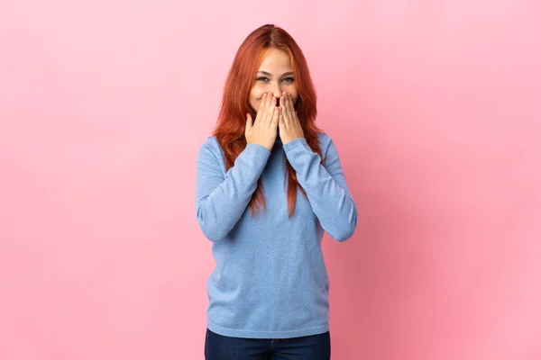 Teenager Russian Girl Isolated Pink Background Happy Smiling Covering Mouth — Stock Photo, Image