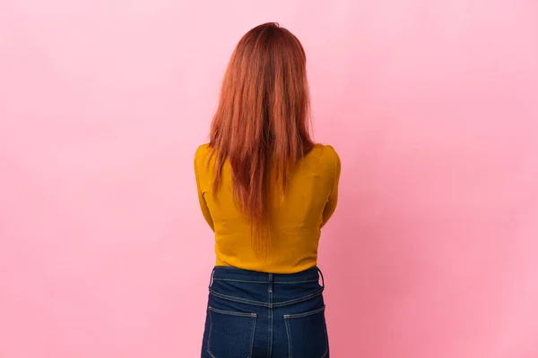 Teenager Russian Girl Isolated Pink Background Back Position — Stock Photo, Image