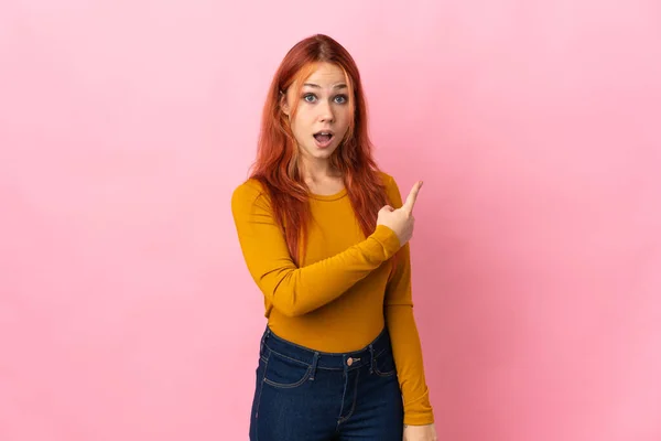 Teenager Russian Girl Isolated Pink Background Surprised Pointing Side — Stock Photo, Image