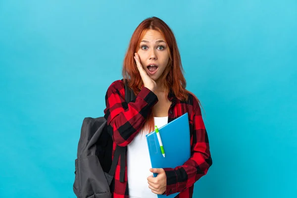 Teenager Student Russian Girl Isolated Blue Background Surprise Shocked Facial — Stock Photo, Image