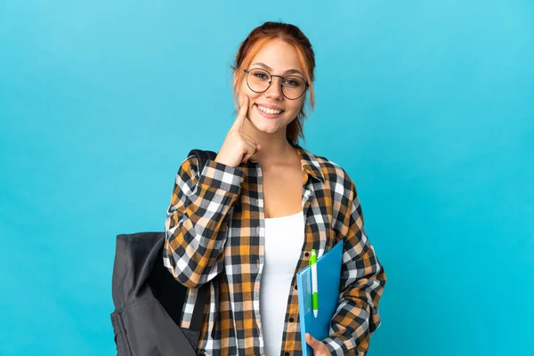 Adolescente Estudiante Rusa Chica Aislada Sobre Fondo Azul Sonriendo Con — Foto de Stock