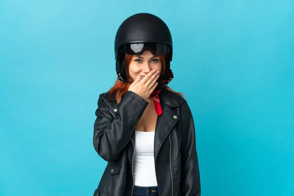 Teenager Biker Girl Isolated Blue Background Happy Smiling Covering Mouth — стоковое фото