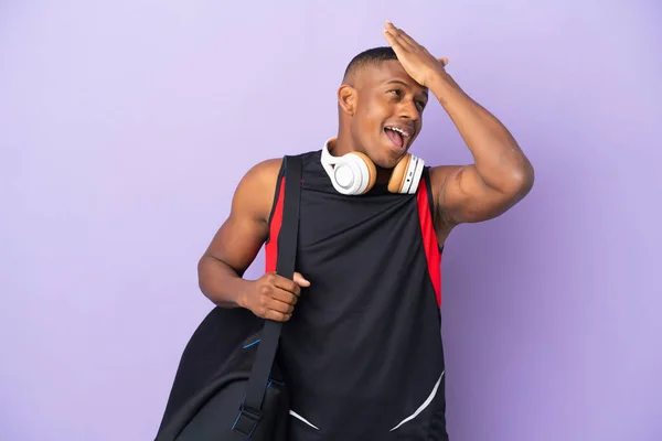 Young Sport Latin Man Sport Bag Isolated Purple Background Has — Foto Stock