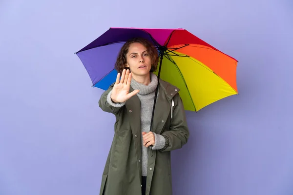 Angol Kezében Esernyő Elszigetelt Lila Háttér Így Stop Gesztus — Stock Fotó