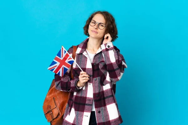 Young English Woman Holding United Kingdom Flag Isolated Blue Background — Fotografia de Stock