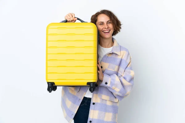 Young English Woman Isolated White Background Vacation Travel Suitcase — Fotografia de Stock