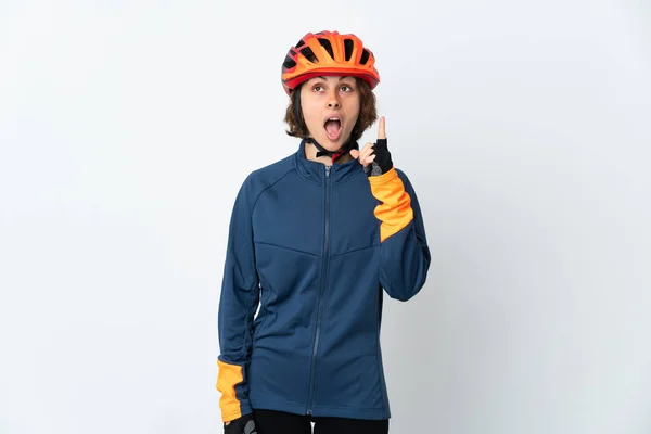 Jeune Cycliste Anglaise Femme Isolée Sur Fond Blanc Penser Une — Photo