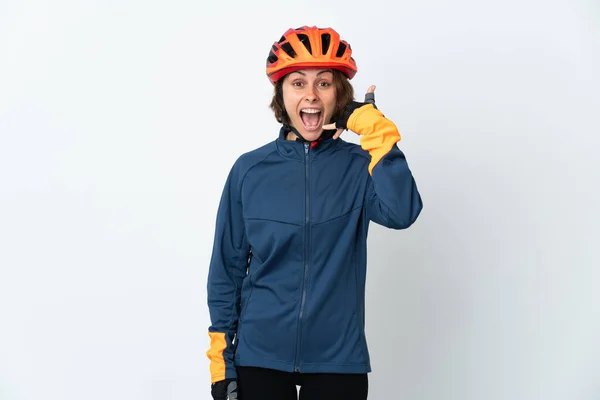 Young English Cyclist Woman Isolated White Background Making Phone Gesture — стоковое фото