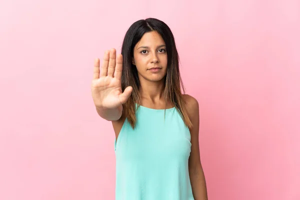 Caucasian Girl Isolated Pink Background Making Stop Gesture — Foto Stock