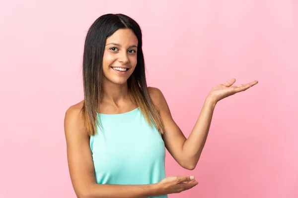 Caucasian Girl Isolated Pink Background Extending Hands Side Inviting Come — Fotografia de Stock