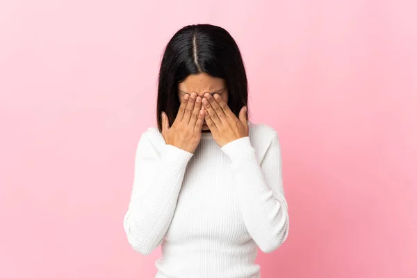 Caucasian Girl Isolated Pink Background Tired Sick Expression — Stockfoto