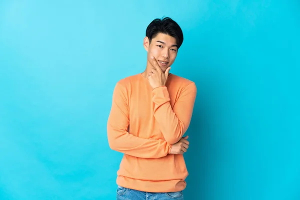 Young Chinese Man Isolated Blue Background Happy Smiling — Stok fotoğraf