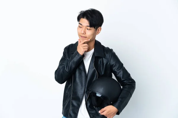 Chinese Man Motorcycle Helmet Isolated White Background Looking Side Smiling — Foto de Stock