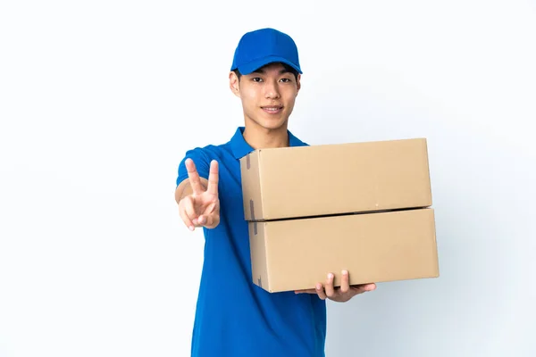 Delivery Chinese Man Isolated White Background Smiling Showing Victory Sign — Stock Photo, Image