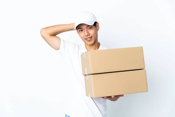 Delivery Chinese Man Isolated White Background Laughing — Fotografia de Stock