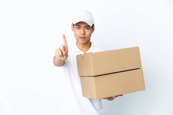 Delivery Chinese Man Isolated White Background Counting One Serious Expression — Foto de Stock