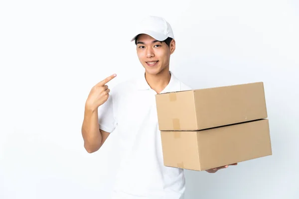 Delivery Chinese Man Isolated White Background Giving Thumbs Gesture — Stock Photo, Image