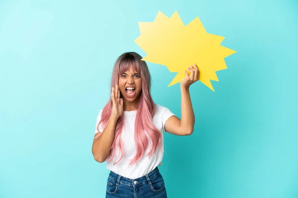 Young Mixed Race Woman Pink Hair Isolated Blue Background Holding — Stock Photo, Image