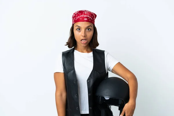 Young Woman Holding Motorcycle Helmet Isolated White Surprise Facial Expression — стоковое фото