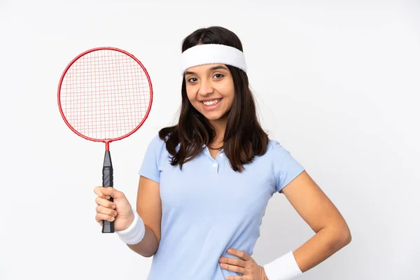 Joven Jugador Bádminton Mujer Sobre Fondo Blanco Aislado Posando Con —  Fotos de Stock