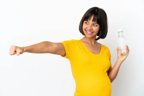 Young Pregnant Woman Holding Bottle Water Isolated White Background Giving — ストック写真