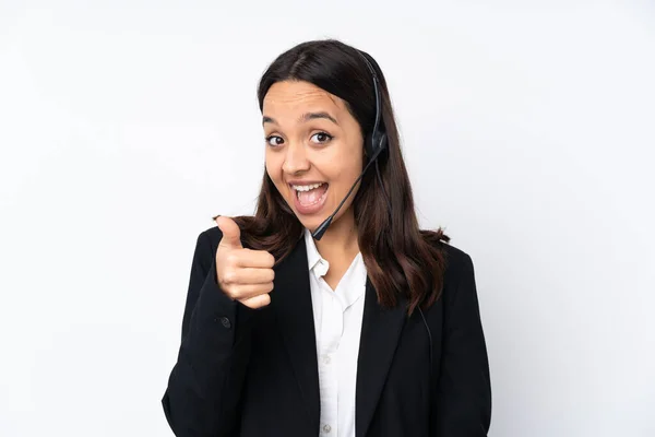 Young Telemarketer Woman Isolated White Background Thumbs Because Something Good — стоковое фото