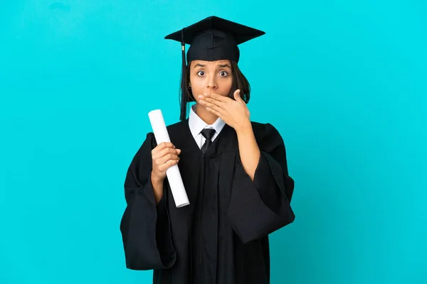 Young University Graduate Girl Isolated Blue Background Covering Mouth Hands — Stock Photo, Image