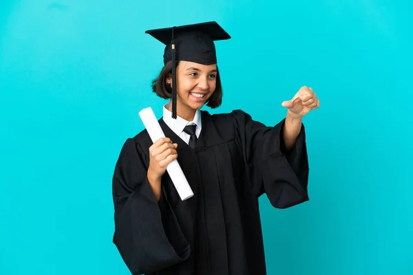 Young University Graduate Girl Isolated Blue Background Giving Thumbs Gesture — Stock Photo, Image