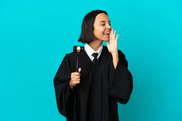 Judge Isolated Blue Background Shouting Mouth Wide Open Side — Photo