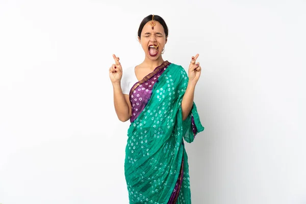 Young Indian Woman Isolated White Background Fingers Crossing — Stock Photo, Image