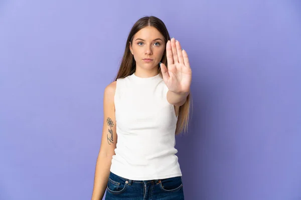 Young Lithuanian Woman Isolated Purple Background Making Stop Gesture —  Fotos de Stock