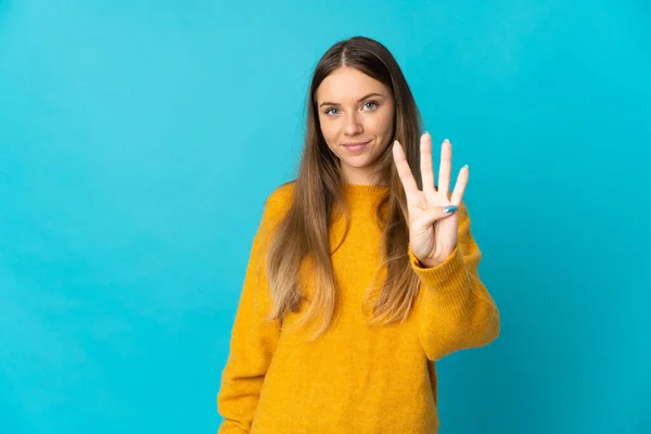 Jong Litouws Vrouw Geïsoleerd Blauwe Achtergrond Gelukkig Tellen Vier Met — Stockfoto