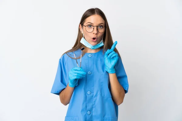 Lithuanian Woman Dentist Holding Tools Isolated Background Intending Realizes Solution — Stockfoto