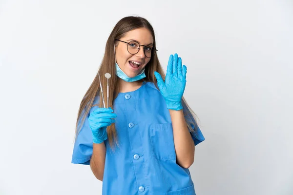 Lithuanian Woman Dentist Holding Tools Isolated Background Saluting Hand Happy — Zdjęcie stockowe