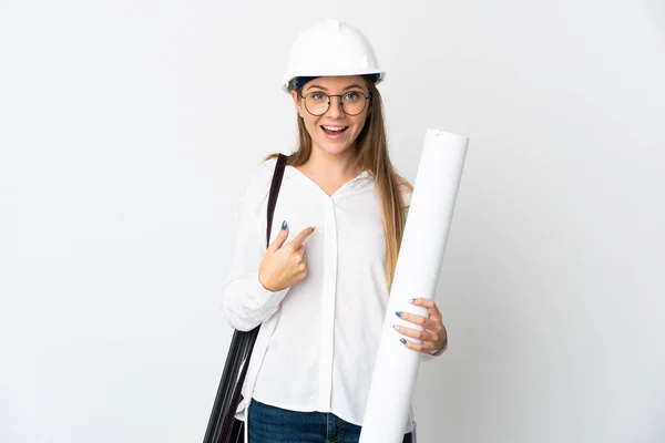 Young Lithuanian Architect Woman Helmet Holding Blueprints Isolated White Background — стоковое фото