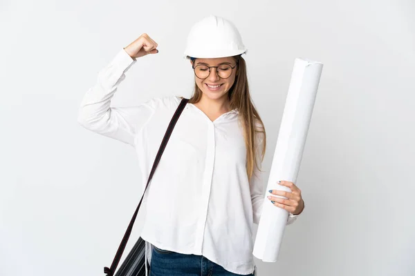 Young Lithuanian Architect Woman Helmet Holding Blueprints Isolated White Background — стоковое фото