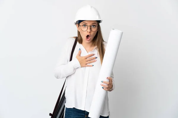 Young Lithuanian Architect Woman Helmet Holding Blueprints Isolated White Background — стоковое фото