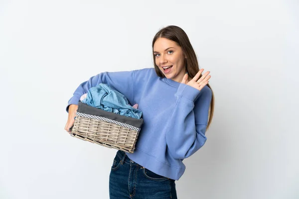 Young Lithuanian Woman Holding Clothes Basket Isolated White Background Saluting — Stock Fotó