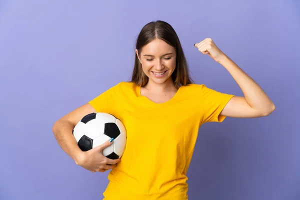 Young Lithuanian Football Player Woman Isolated Purple Background Doing Strong — Zdjęcie stockowe