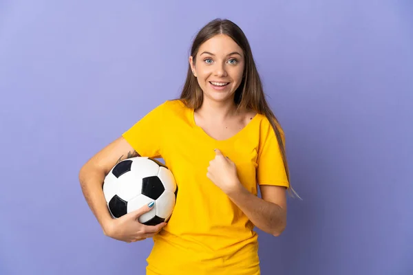 Young Lithuanian Football Player Woman Isolated Purple Background Surprise Facial — стоковое фото