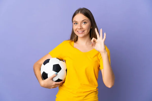 Young Lithuanian Football Player Woman Isolated Purple Background Showing Sign — стокове фото